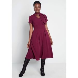 Vintage Inspired Neck Tie Burgundy Midi Dresses